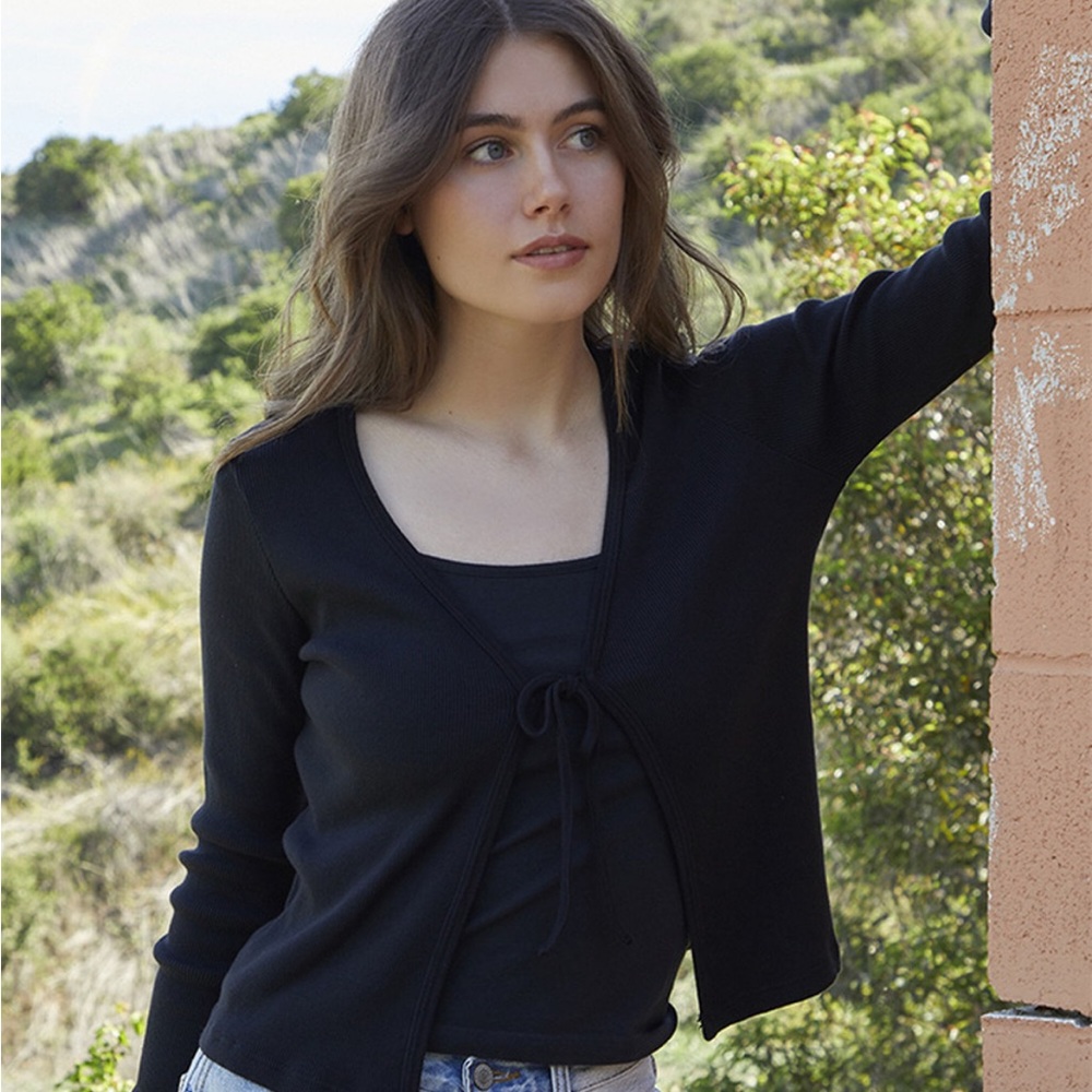 John Galt Black Greta Long Sleeve Tie Front Top